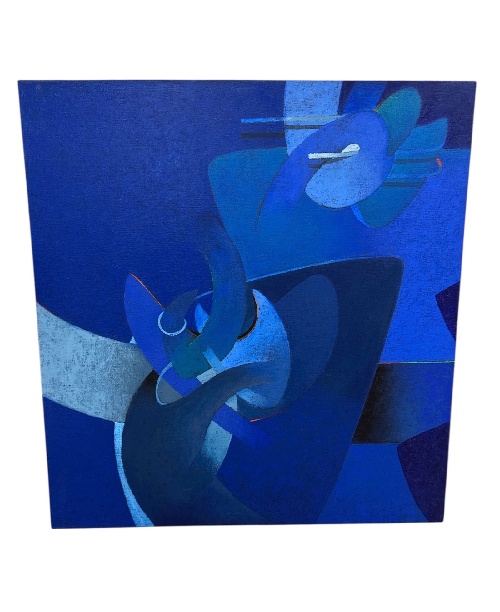 Milton Estrella Gavidia Abstract Blue Composition Painting: Abstract painting by Milton Estrella Gavidia featuring layered, flowing forms rendered in varying shades of blue. The composition emphasizes movement and spatial depth through interwoven curved