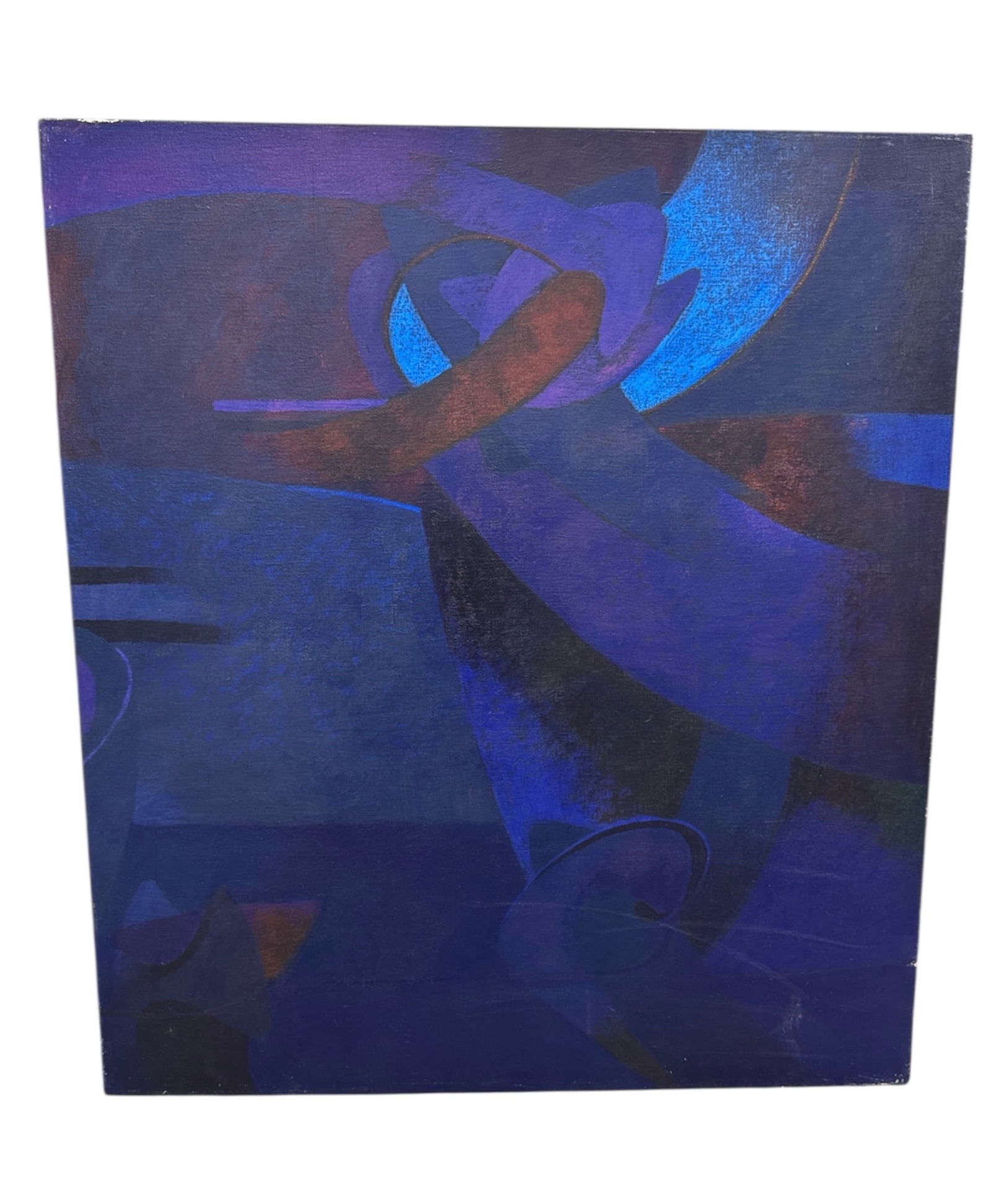 Milton Estrella Gavidia Abstract Blue Composition Painting: Abstract painting by Milton Estrella Gavidia featuring layered geometric and curved forms rendered in deep blue and indigo tones with subtle variations of texture and shadow. The composition