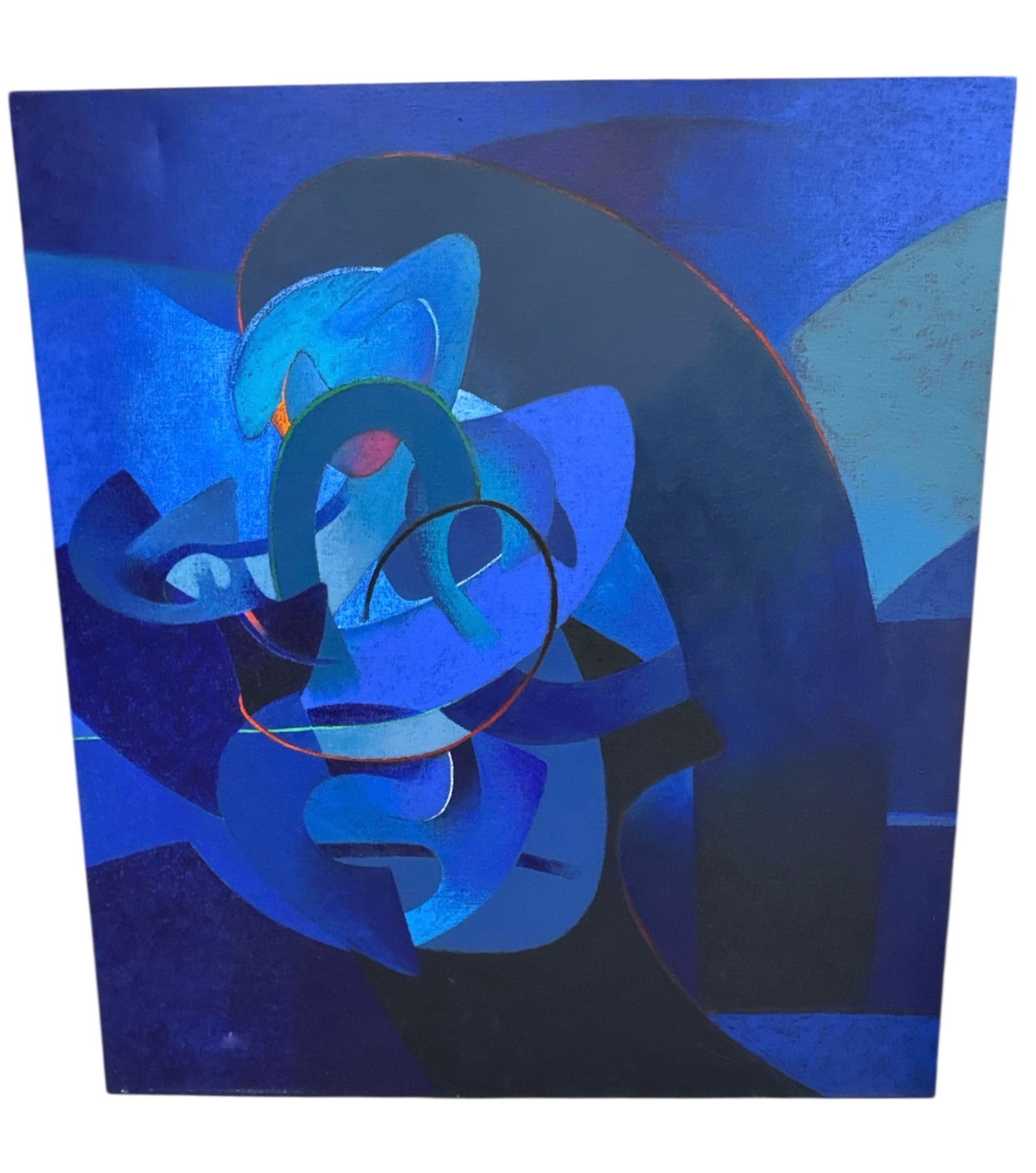 Milton Estrella Gavidia Abstract Blue Composition Painting: Abstract painting by Milton Estrella Gavidia featuring a complex arrangement of layered, interlocking forms rendered in rich blue tones with subtle accents of darker and lighter hues. The composition
