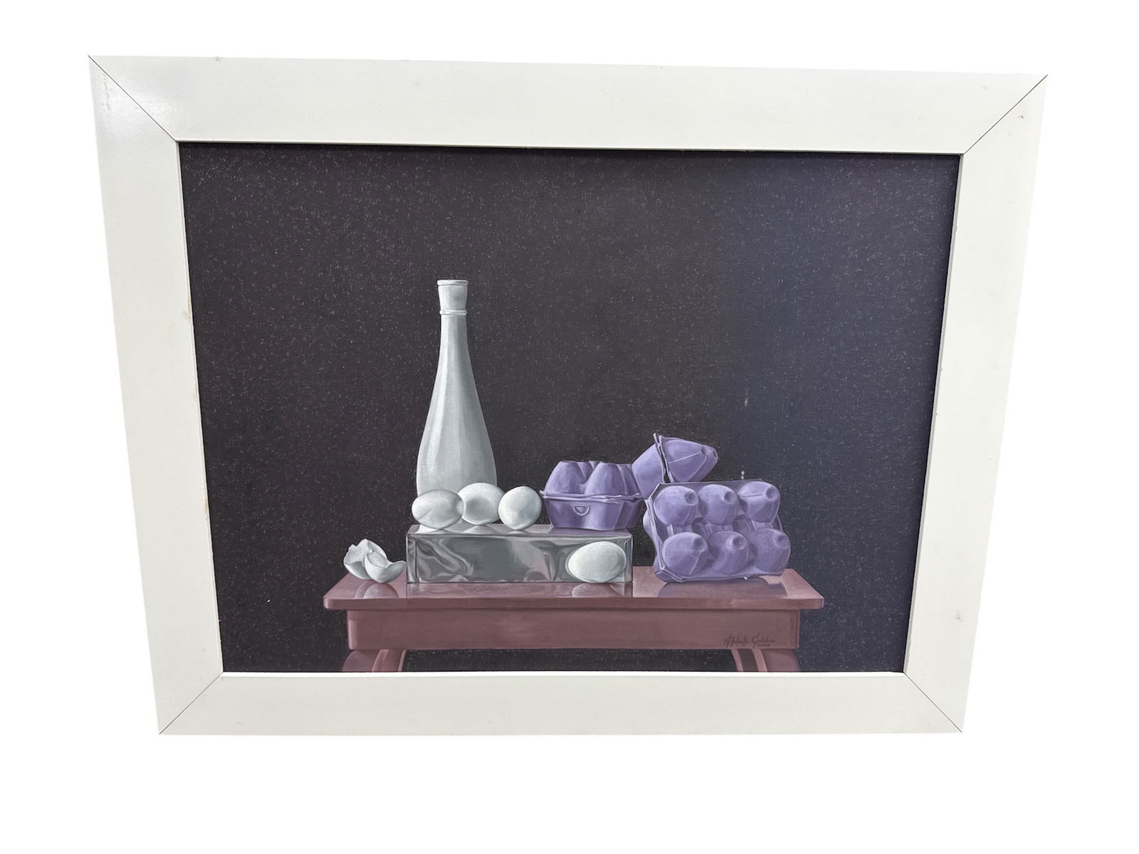 Milton Estrella Gavidia Contemporary Still Life Painting 2006: Contemporary still life painting by Milton Estrella Gavidia, dated 2006, depicting a carefully arranged tabletop composition featuring a tall glass vessel, scattered spherical forms, and clustered