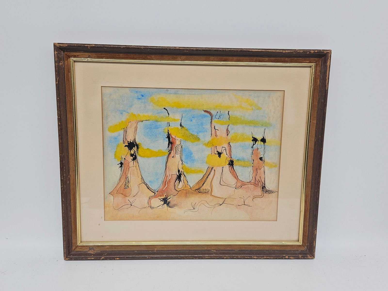 Abstract Figures Under Yellow Trees: Vibrant watercolor depicting elongated figures walking beneath bright yellow trees against a light blue sky. The whimsical style suggests mid century modern or abstract expressionist influence.