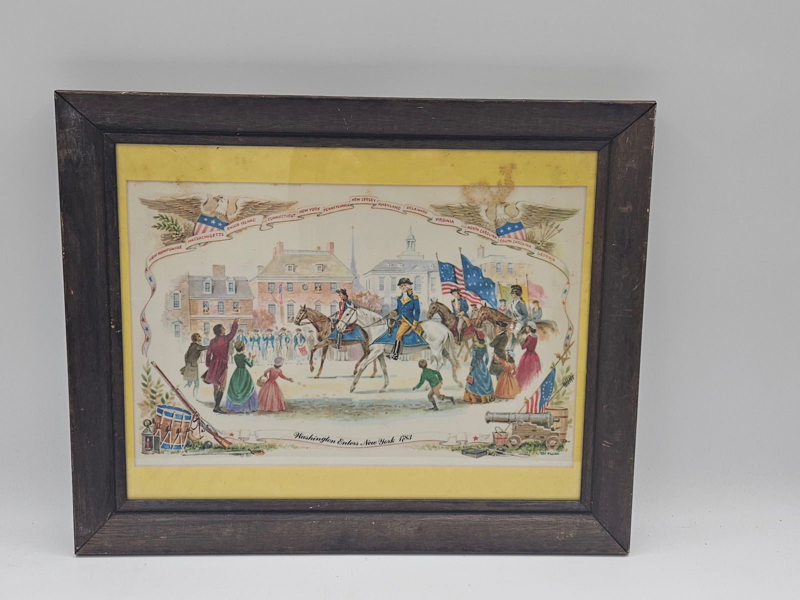 Washington Enters New York by Jay Killian: A patriotic historical print depicting George Washington’s triumphant entry into New York City, surrounded by cheering citizens and waving flags. The vibrant hand-colored details and period