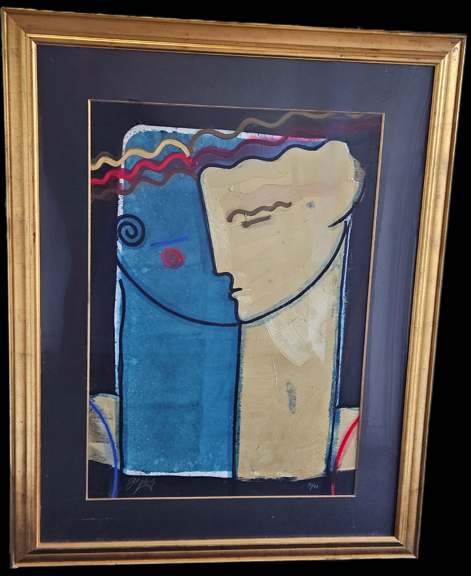 Gaylord Soli (American, b.1939) Signed Limited Edition: A vibrant abstract modernist portrait depicting two overlapping stylized faces in shades of blue, tan, and red. The work is signed in white pencil (illegible signature) and numbered 90/90, suggesting