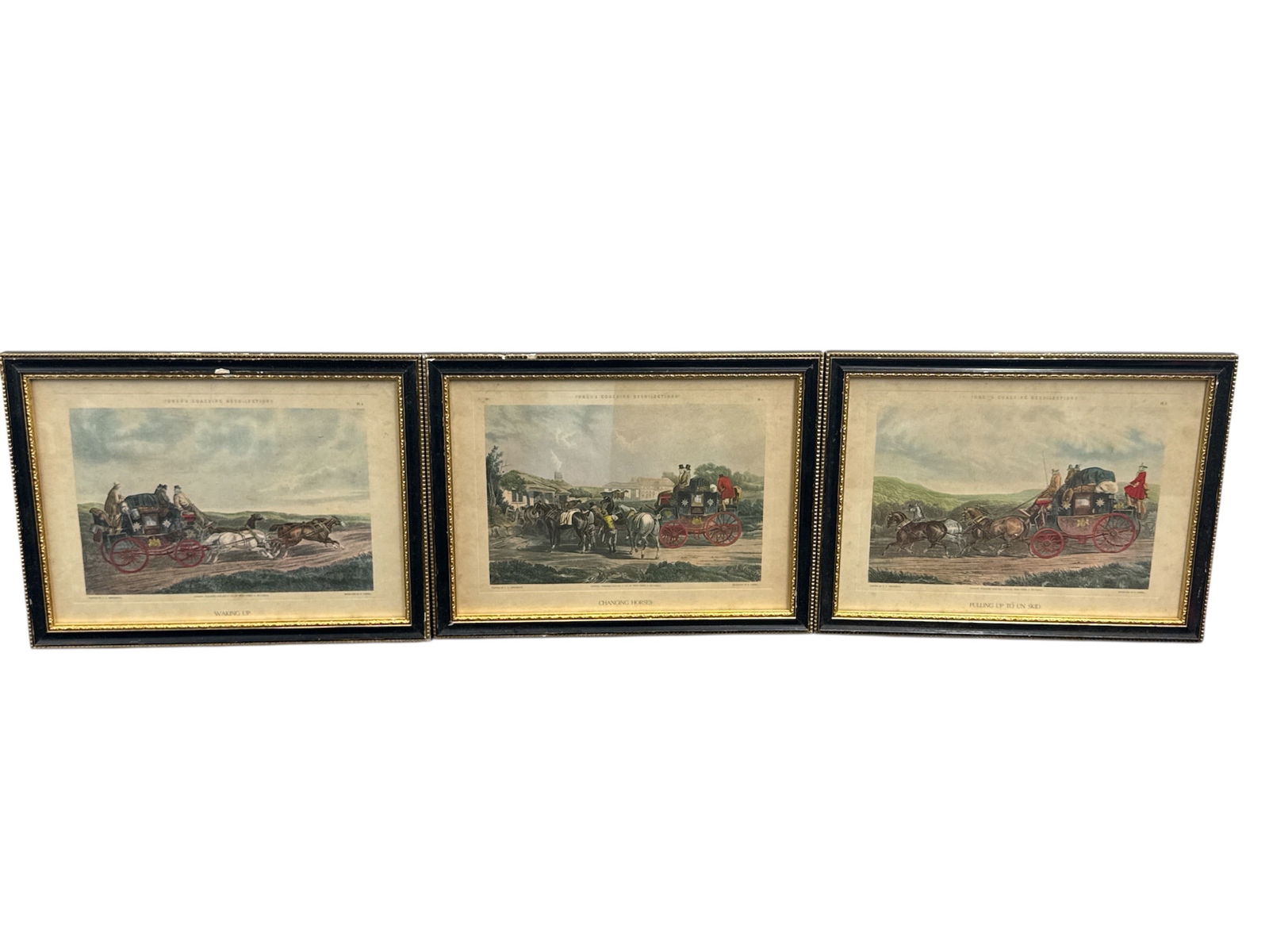 A Set of Three (3) Antique Hand-Colored Aquatint Coaching Prints by C.C. Henderson, from "Fores's: DescriptionThis is a superb, scarce set of three original hand-colored aquatint engravings from the highly desirable series "Fores's Coaching Recollections". These prints capture