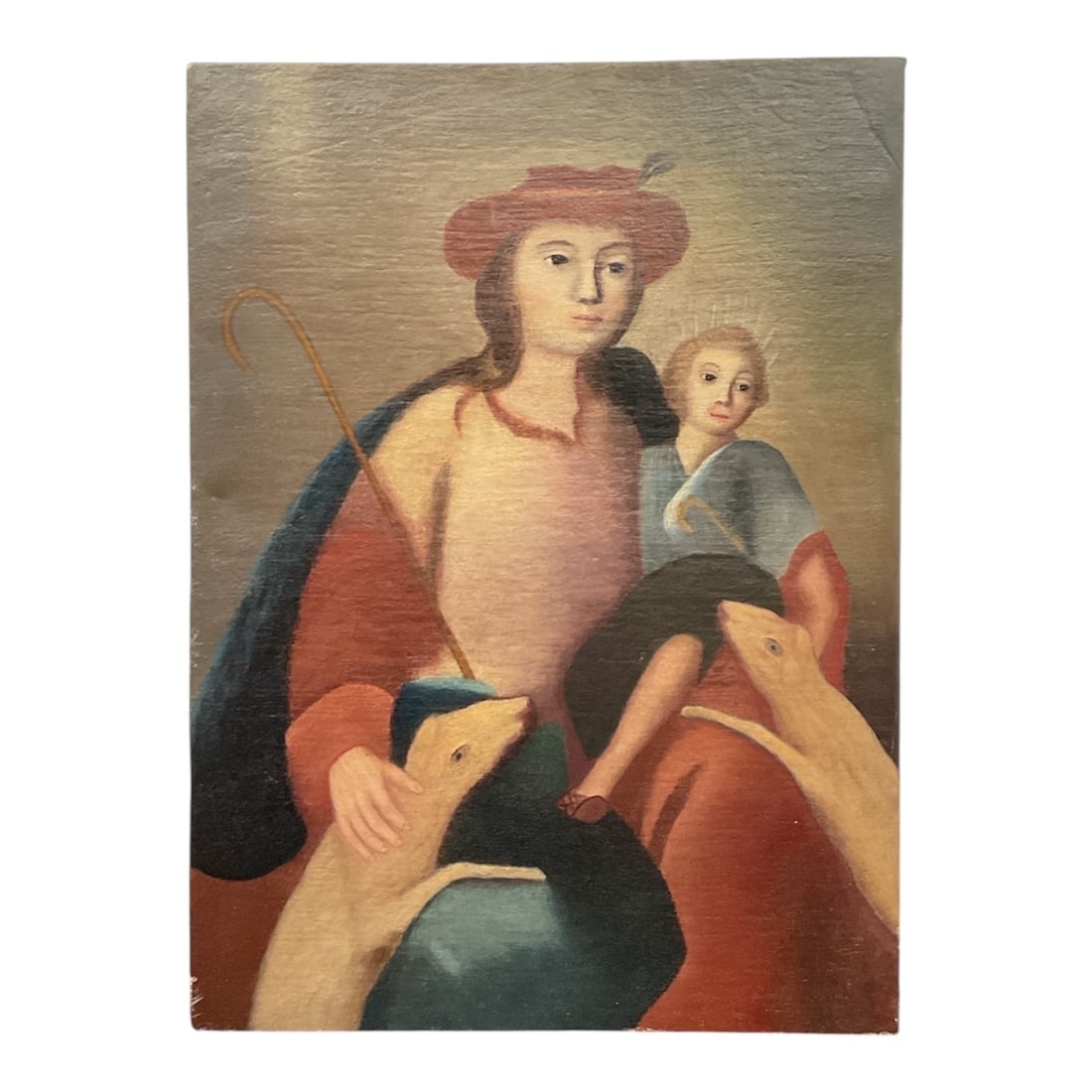 Madonna and Child with Lambs (attributed to the Cuzco School or Spanish Colonial Tradition): Title: Madonna and Child with Lambs (attributed to the Cuzco School or Spanish Colonial Tradition)Medium: Oil on canvas (laid down on board/panel)Period: Likely 18th–19th