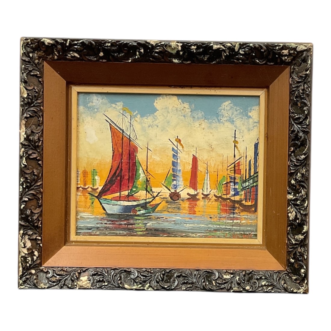 Mid-Century Modern Nautical Harbor Scene: Title: Mid-Century Modern Nautical Harbor SceneMedium: Oil on Canvas (or Board, pending physical inspection)Style: Mid-Century Modern / ImpressionisticDescription:A striking