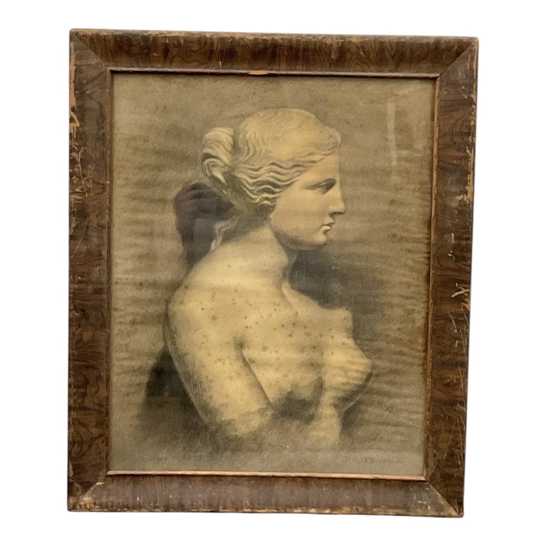 Vintage Antique Portrait by J.C. O'Brien Jr.: Subject: A female figure depicted in profile, shown from the chest up.Aesthetics: The figure has classic features and her hair is styled in a bun or knot, reminiscent of Classical or