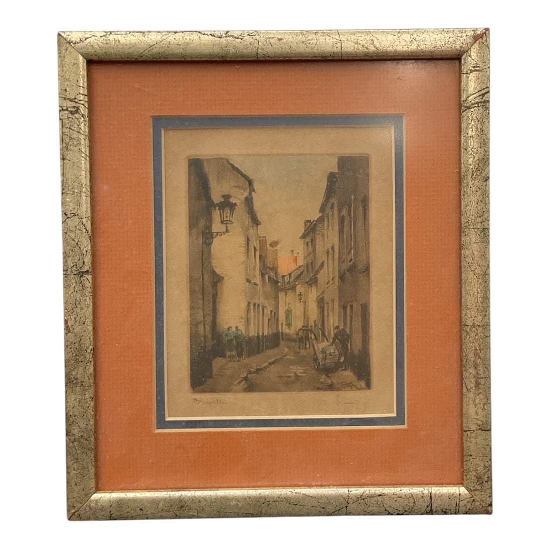 Vintage Montmartre, Paris, Artist Unknown: Vintage hand-colored etching or aquatint, likely depicting a street scene in Montmartre, Paris. This type of architectural art was popular in the early to mid-20th century, often featuring