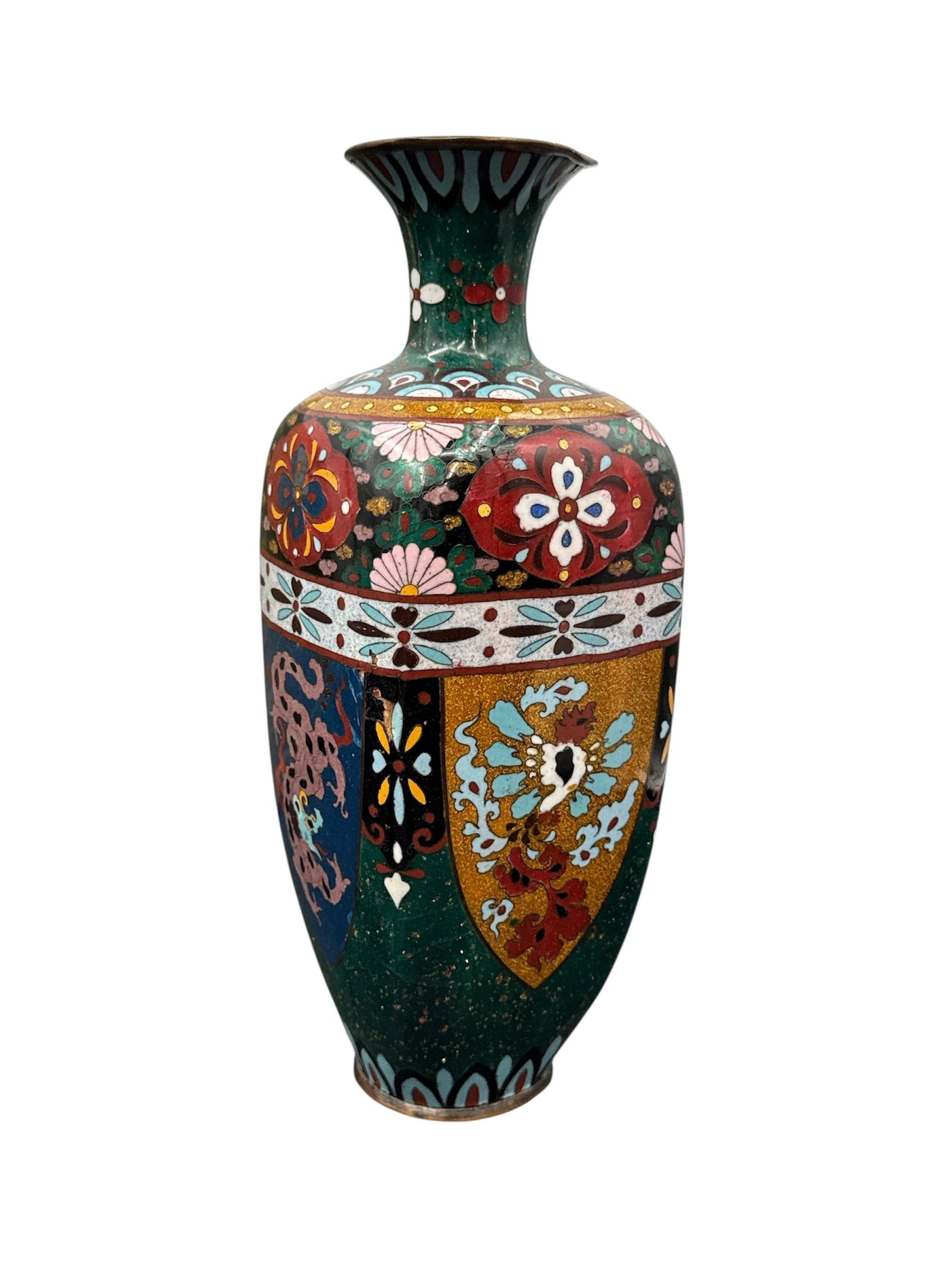 Antique Meiji Japanese Cloisonné Vase- Phoenix & Lotus Design: Detailed Auction DescriptionTechnique: Cloisonné enamel over a copper or brass body. The design is created by applying thin metal wires (cloisons) to form compartments, which are then