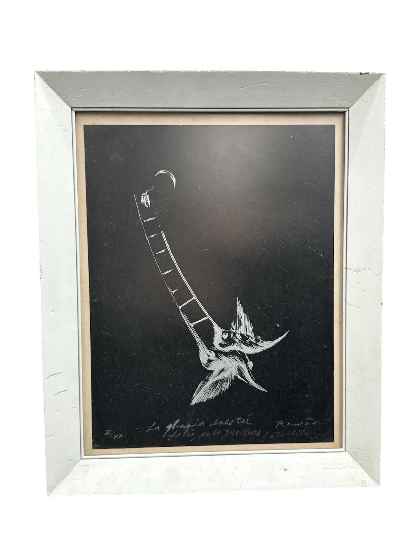 Surrealist Black and White Print by Ernesto Rancano, Framed: This black and white print by Ernesto Rancano presents a surreal and symbolic composition featuring a ladder ascending into darkness, anchored by an abstracted, winged or skeletal form below. The