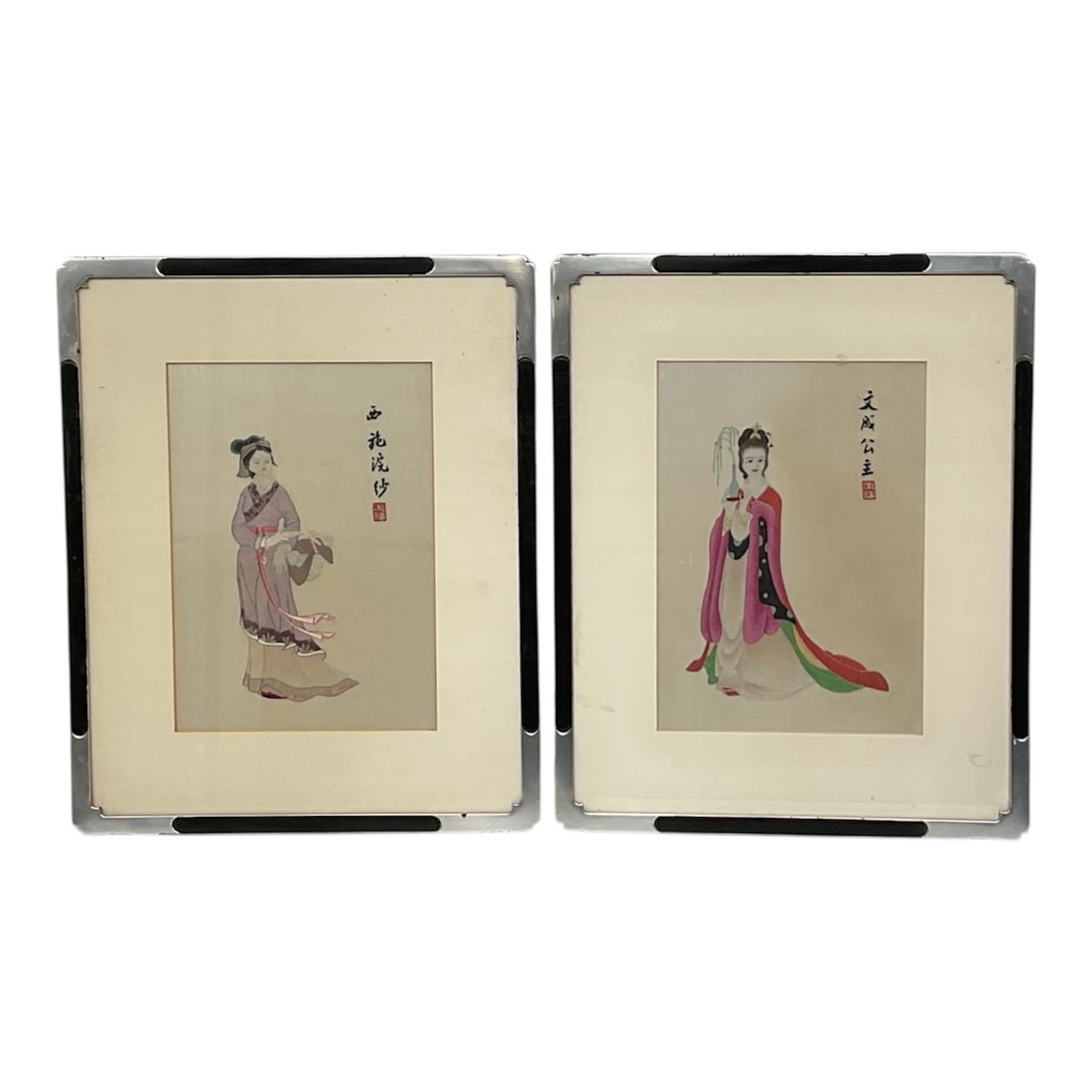Pair of Framed Japanese Style Figure Prints: This pair of framed prints features traditionally dressed figures rendered in a Japanese-inspired style, each composition highlighting elegant robes, refined posture, and delicate line work. The
