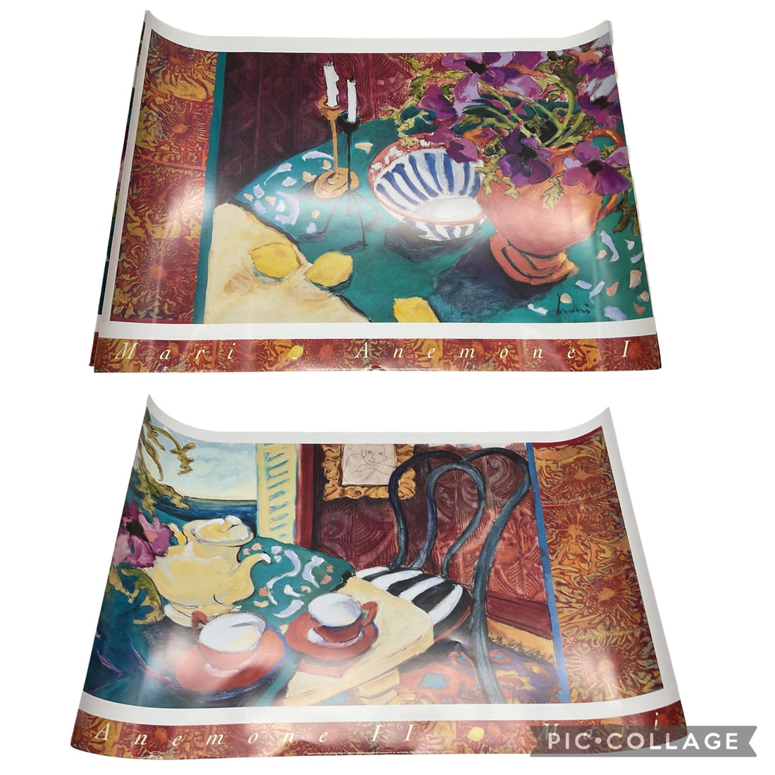 Mari Anemone 1 and Mari Anemone 2: Pair of vibrant interior still-life posters featuring richly colored table settings, ceramics, florals, and patterned backgrounds. Sold together as a matching set.Medium: Offset lithograph