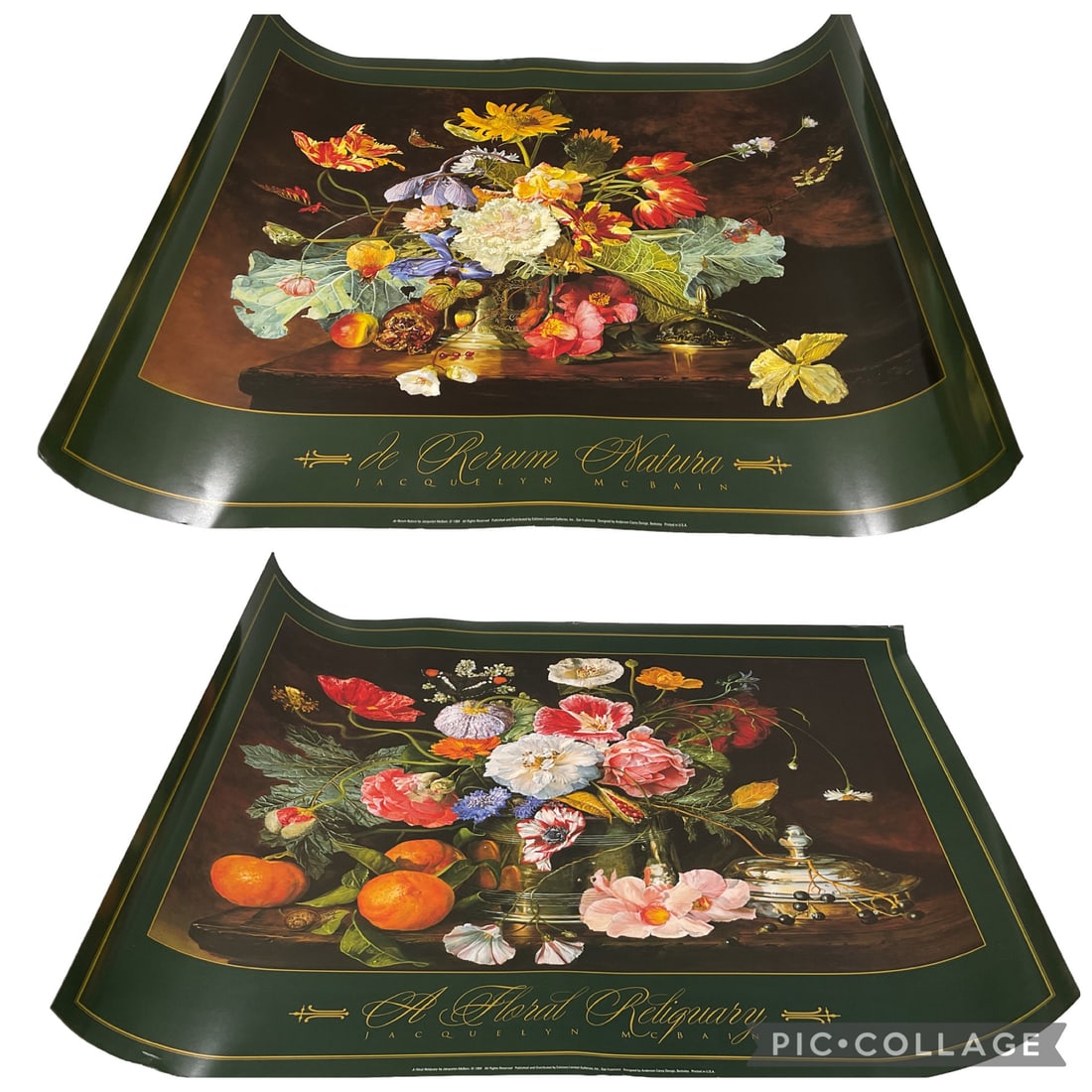 Jacquelyn McBain – Floral Still Life Poster Set (2): Pair of elegant posters by Jacquelyn McBain featuring richly detailed classical floral still life arrangements with fruit, butterflies, and deep dramatic backgrounds. Sold together as a matching set.
