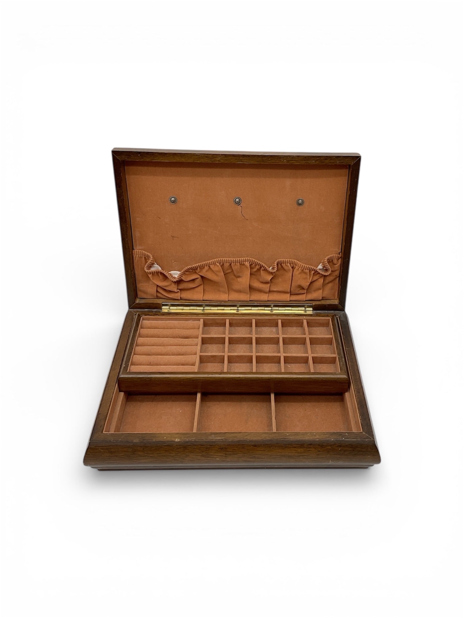 Antique Wooden Jewelry Box with Fitted Interior and Lift-Top Lid: This antique wooden jewelry box features a hinged lift-top lid opening to a thoughtfully fitted interior with multiple compartments designed for rings, brooches, cufflinks, and other small personal it