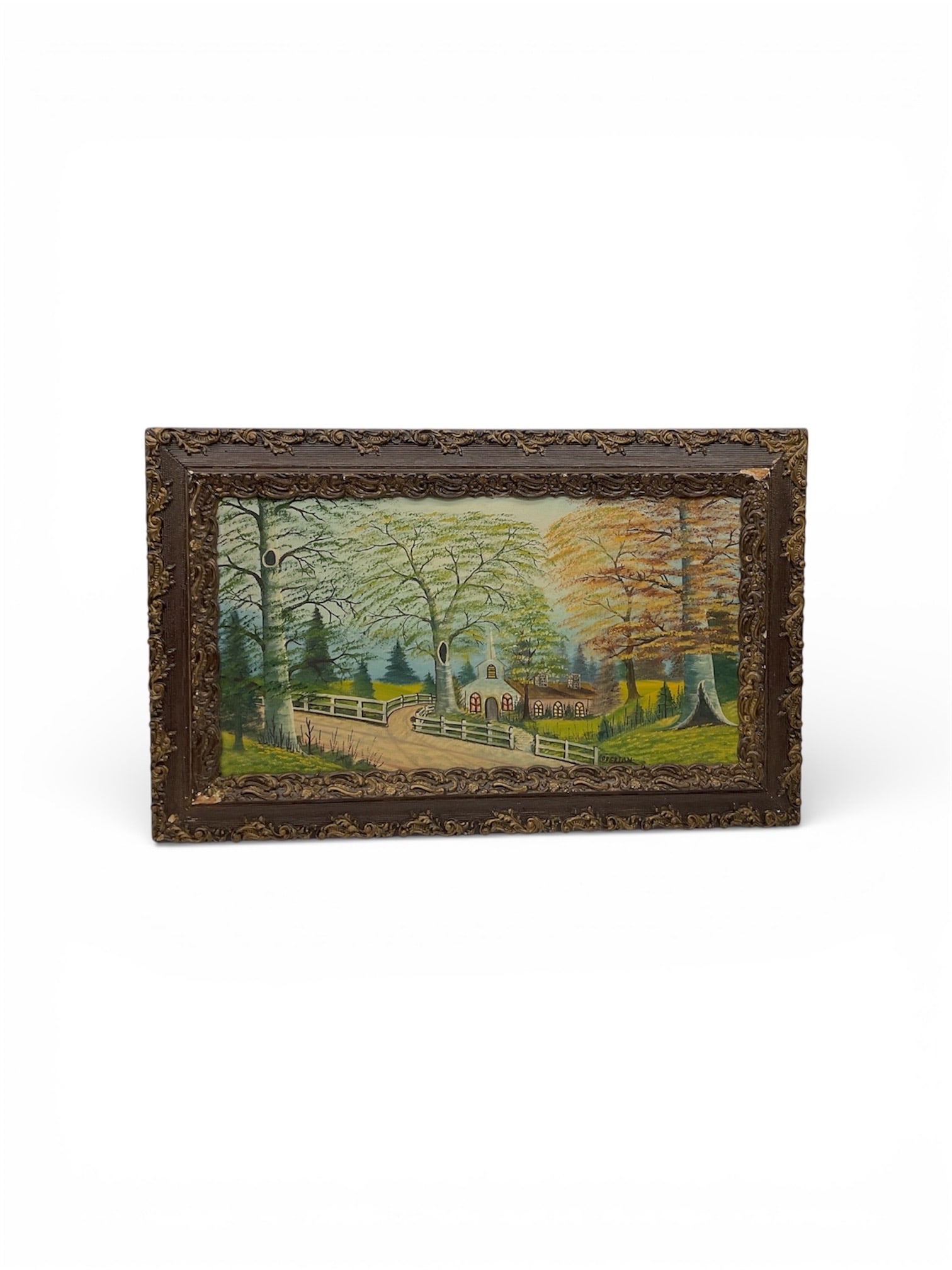 Framed Landscape Painting by Overton – Park Scene with Figures, Signed Artwork: This framed landscape painting depicts a peaceful park or garden setting with trees, walkways, and figures strolling through a serene outdoor environment. Executed in a traditional representational st
