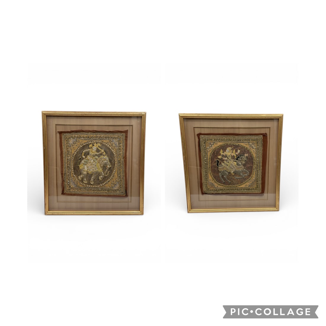 Pair of Framed Antique Southeast Asian Gilt & Beaded Textile Panels (Temple Dancers on Elephant): A visually striking pair of framed Indian textile panels, each featuring a richly detailed Hindu deity mounted on a sacred ani