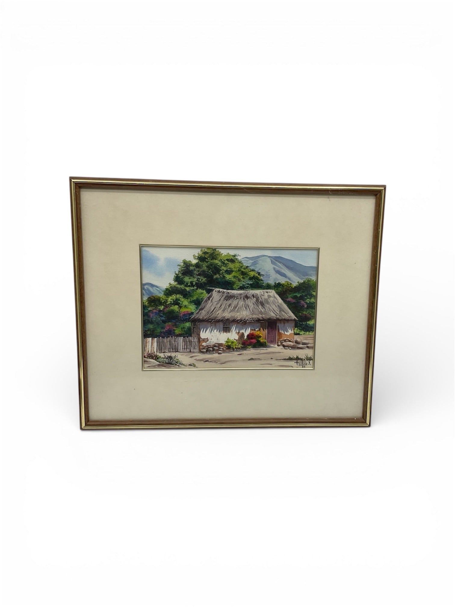 Framed Original Watercolor Landscape by H. Ochoa S. – Thatched Cottage Scene: Beautiful original watercolor painting by H. Ochoa S., depicting a tranquil rural scene featuring a traditional thatched-roof