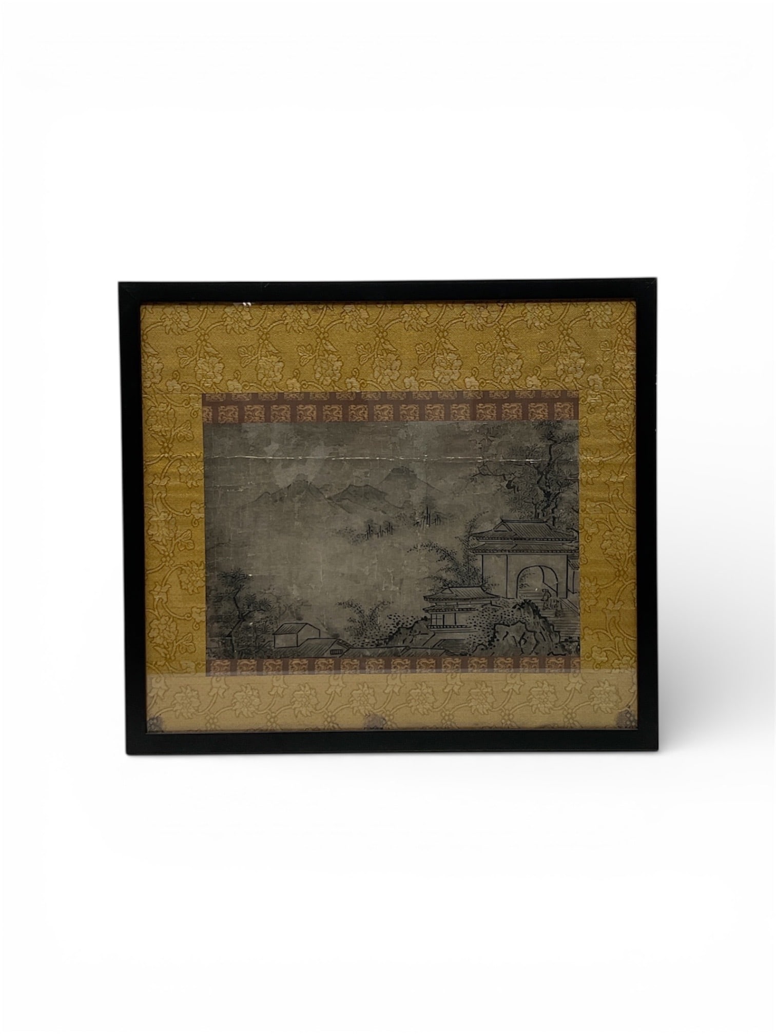 Framed Asian Landscape Artwork – Ink on Paper (Temple & Mountain Scene): Beautiful framed Asian landscape artwork depicting a traditional architectural gate set within a mountainous countryside. Rendered in monochrome ink tones, the composition shows fine linework and atmo