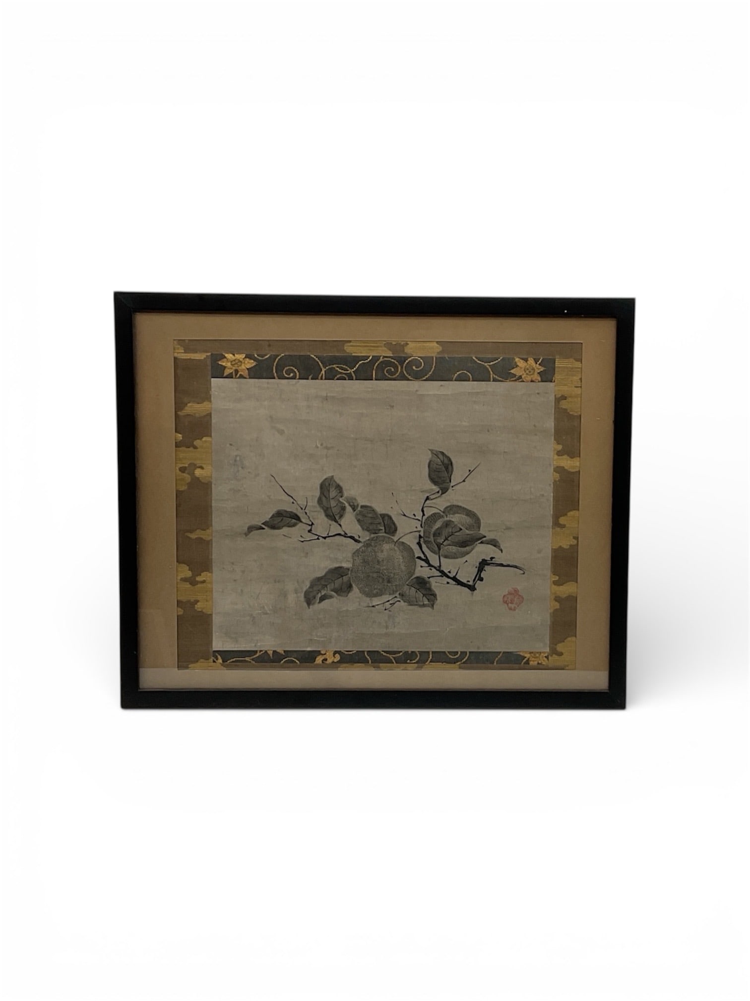 Framed Asian Bird Artwork – Ink on Paper with Decorative Border: Elegant framed Asian artwork depicting birds perched on flowering branches, rendered in delicate monochrome ink. The composition emphasizes balance and negative space, a hallmark of traditional East A