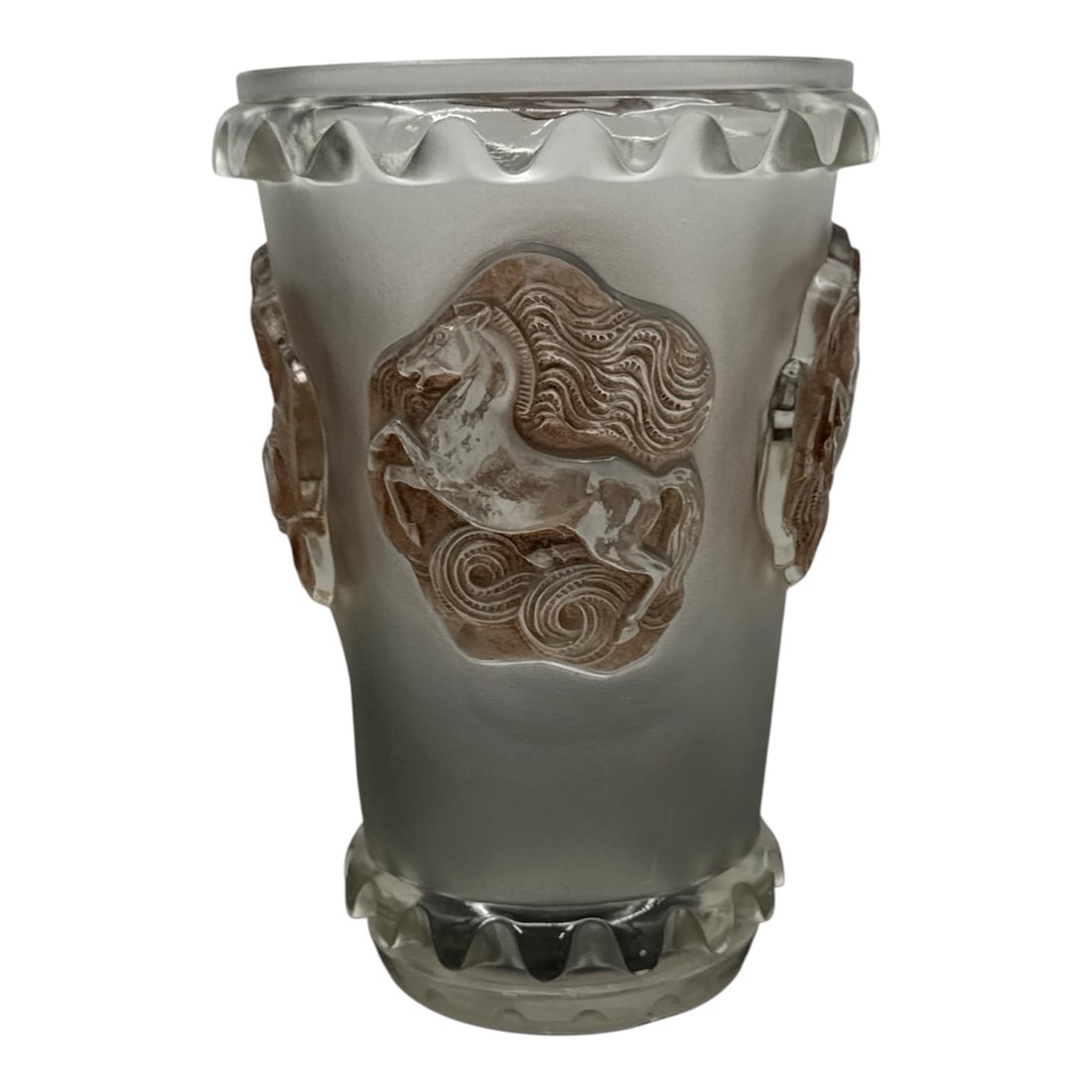 RARE René Lalique Camargue Frosted and Amber Glass Vase: Exceptional René Lalique Camargue vase executed in frosted glass with sepia amber patinated relief panels depicting galloping horses in flowing landscapes. The cylindrical form features a scall