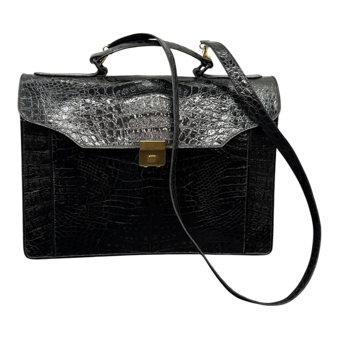 Black and Gray Crocodile Embossed Leather Structured Handbag with Shoulder Strap: Elegant structured handbag crafted in black crocodile embossed leather with contrasting gray crocodile embossed flap panel. The bag features a classic rectangular silhouette with a top handle, detacha