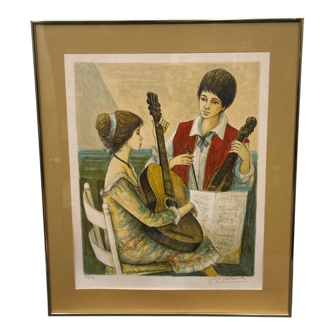 Jacques Lalande Signed & Numbered Print 73/275 – Framed (H:29in L:25in): Framed limited edition print depicting two seated musicians playing string instruments, rendered in soft, expressive tones. Signed Jacques Lalande lower right and numb