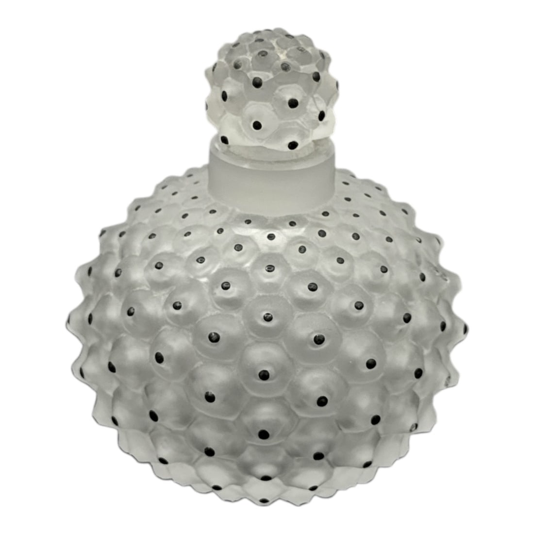 Lalique Cactus Crystal Perfume Bottle 4x3in: Exquisite Lalique Cactus crystal perfume bottle crafted in frosted and clear crystal, featuring the iconic spherical form covered in raised cactus inspired nodules with polished accents. The matching