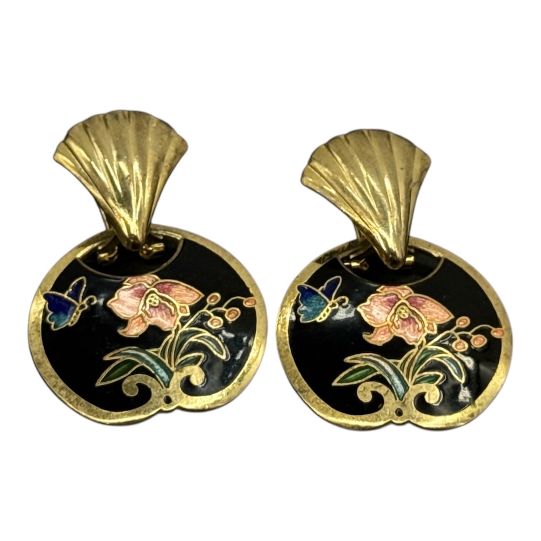 Pair of Vintage Enamel Floral Drop Earrings: Striking pair of vintage drop earrings featuring gold-tone fan-shaped tops with black enamel round drops. The circular drops are decorated with colorful floral motifs including pink blossoms and blue