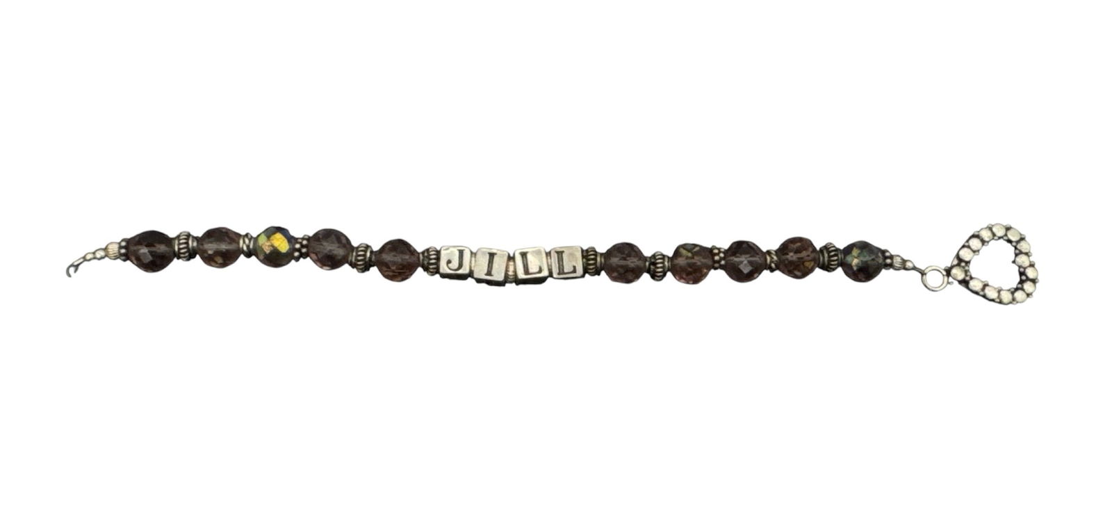 Personalized “Jill?? Beaded Bracelet: Decorative costume jewelry bracelet featuring faceted brown and iridescent glass beads accented with silver-tone spacers. The centerpiece spells out “JILL”