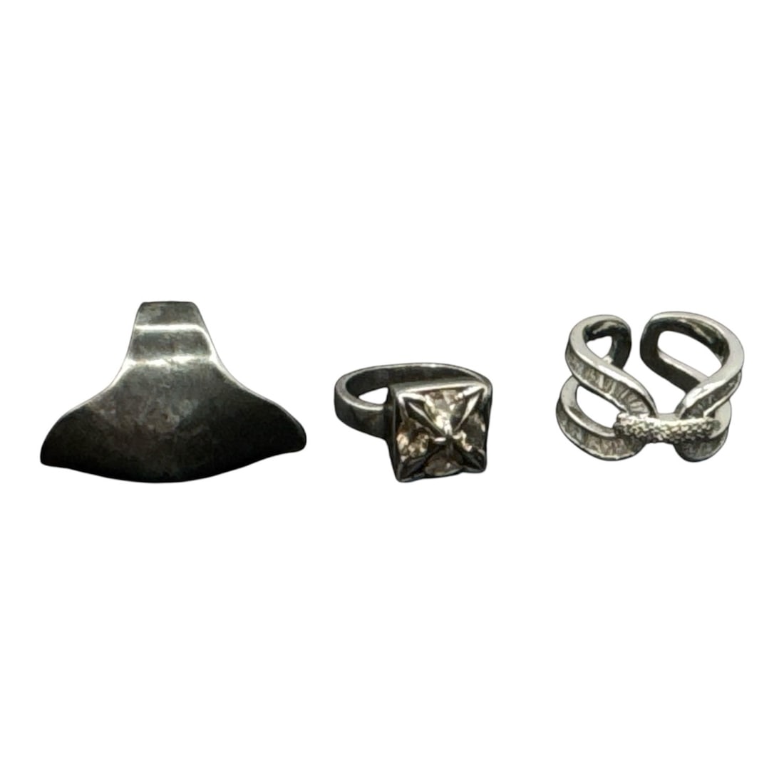 Three Ring Lot – Two Sterling Silver (925): Group of three rings including: • Large modernist ring (stamped 925) with wide sculptural top and oxidized finish