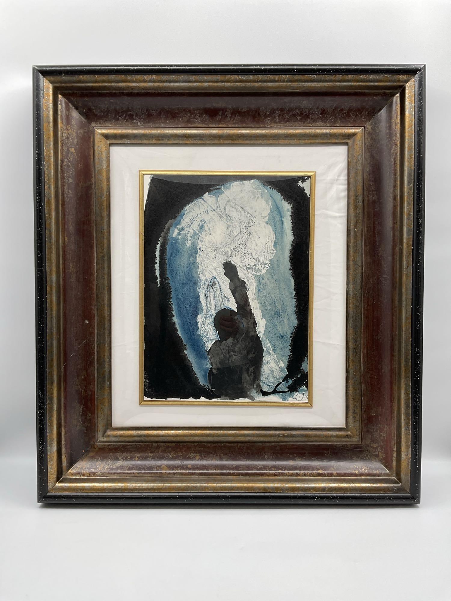 Jeremiah's Prophecy Against King Joachim by Salvador Dali: 1967 lithograph with mixed media by Salvador Dalí from the Biblia Sacra suite. Features an abstract expression of the prophet Jeremiah in cool tones, with dramatic textures and symbolic forms.