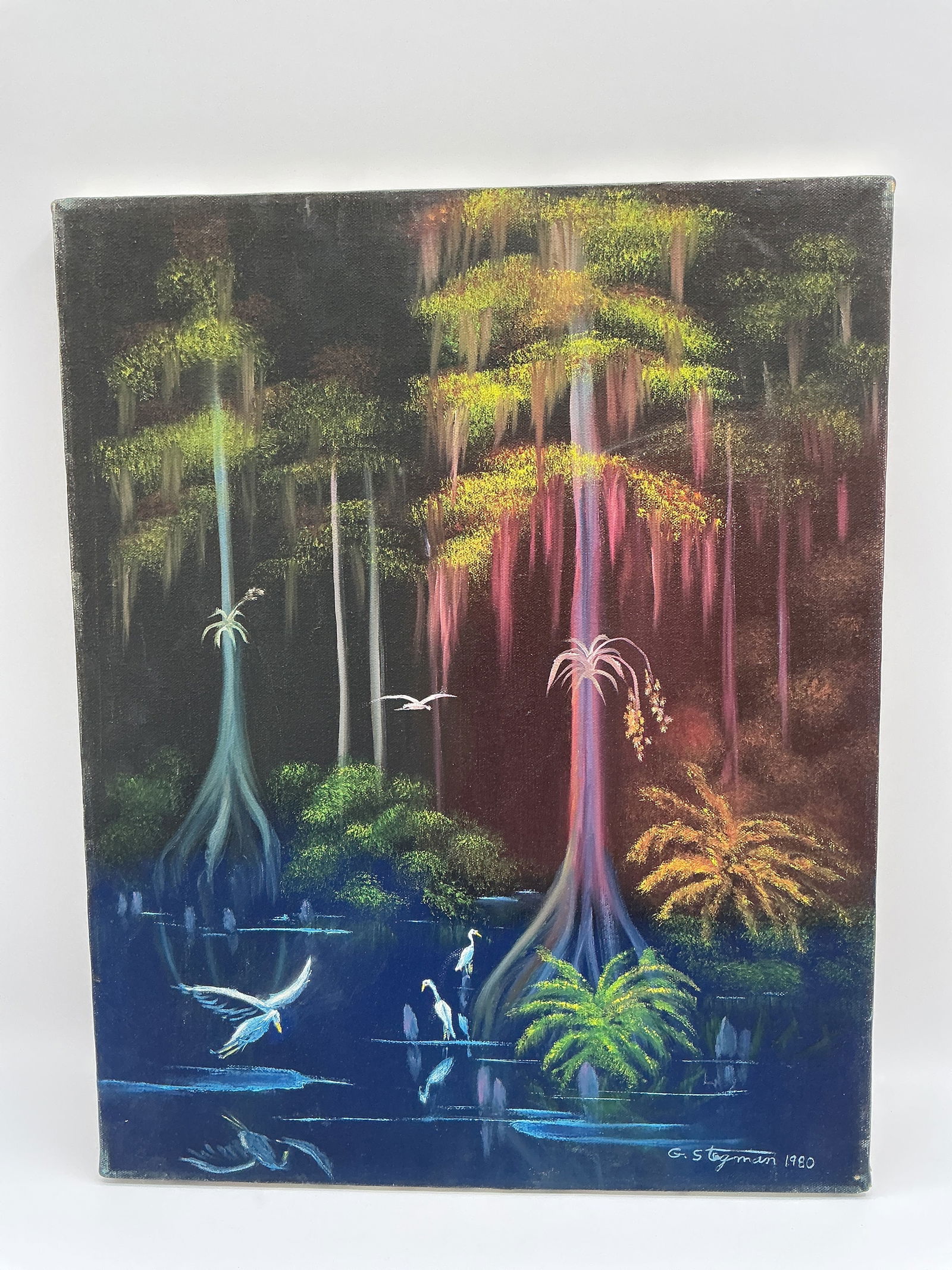 G. Stegeman, Cypress Swamp, Oil on Canvas, 1980: Oil on canvas painting by G. Stegeman, titled 'Cypress Swamp', dated 1980. Depicts a swamp scene with trees and birds reflected in the water. Signed lower right. Canvas size approximately 16