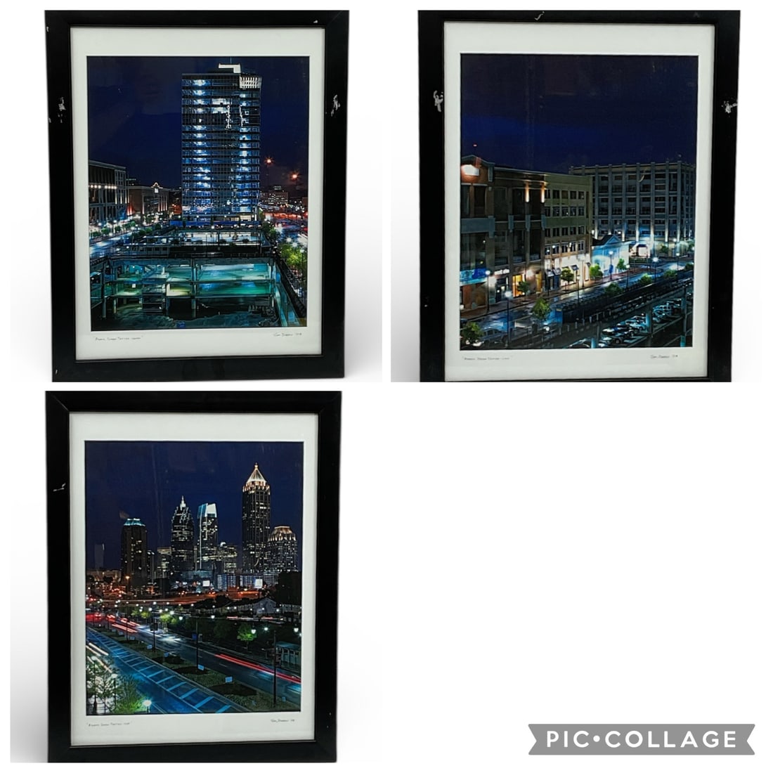 Sam Dobrow Atlantic Station Urban Night Scene Triptych 2008:  Triptych of urban night scene artworks by Sam Dobrow titled Atlantic Station, dated 2008. This three-panel composition presents complementary views of Atlanta’s Atlantic Station district