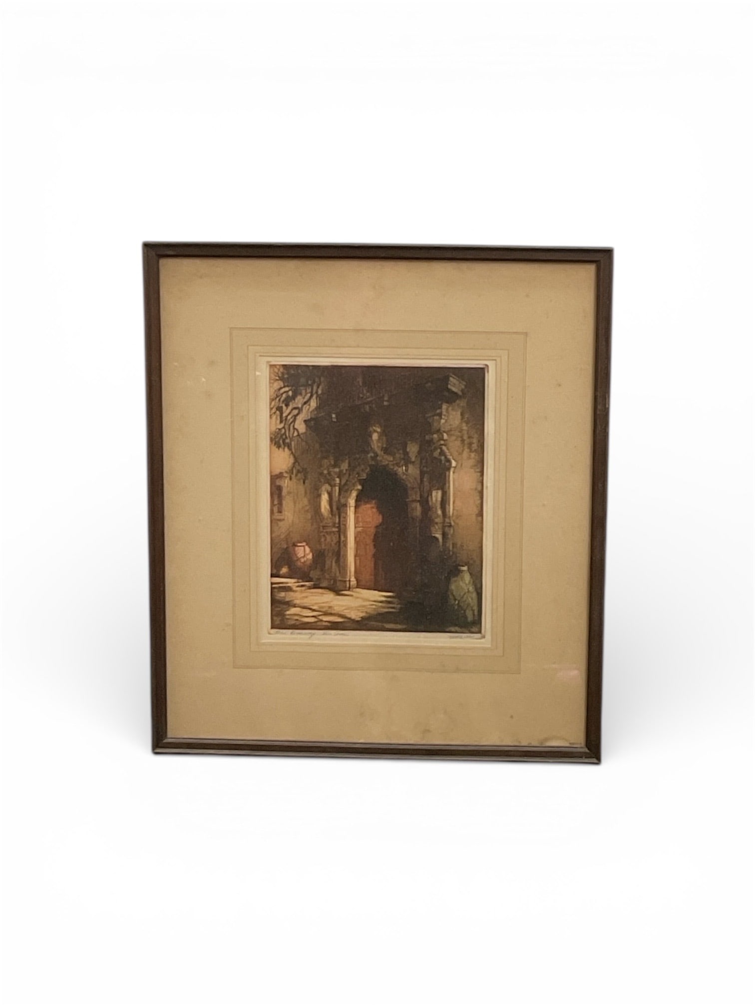 Title: Old Doorway San Jose Color Etching by A F Mettell: This framed color etching titled Old
