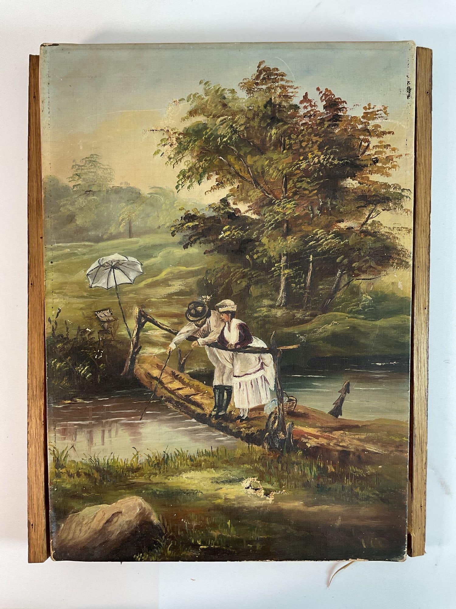 Antique Romantic Countryside Scene Oil Painting on Board: This charming oil painting portrays a romantic countryside setting, featuring a woman in a traditional dress seated in a wooden boat, holding a small bouquet of flowers. A parasol is propped open behi
