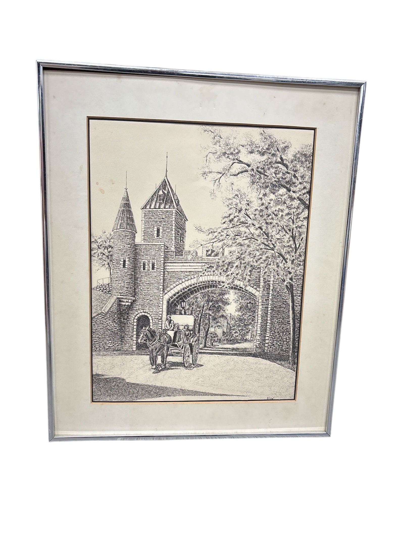 Title: Vintage Framed Etching/Print of Porte St. Louis Gate, Quebec, Canada - Signed "Marc": Description Up for auction is a charming vintage black and white etching or print depicting the historic 