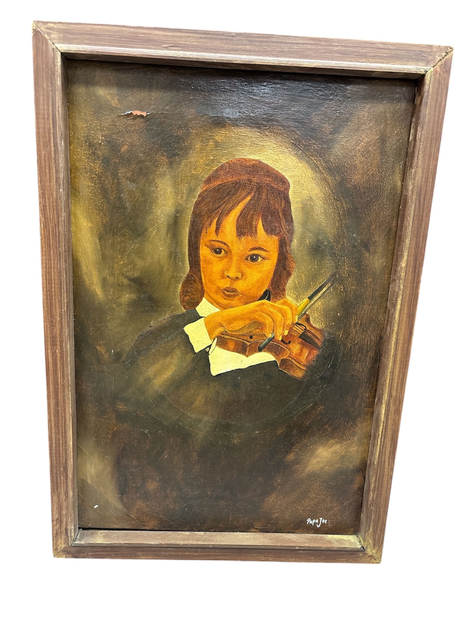 Vintage Mid-Century "Big Eye" Oil Painting - Child with Violin - MCM Kitsch Art: Description This is an original oil painting on canvas or board, characteristic of the popular "big eye" art movement of t