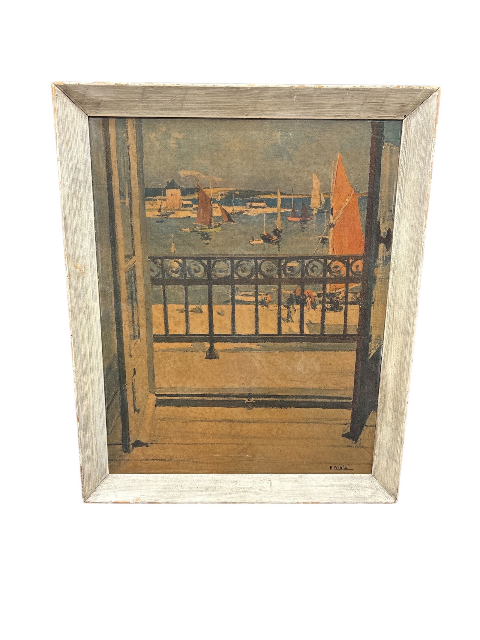 After Raymond Wintz (French, 1884–1956) Print, Fenêtre ouverte sur un port breton (Open window on: Description This is a framed reproduction print after the famous painting Fenêtre ouverte sur un port breton (also known as "The B