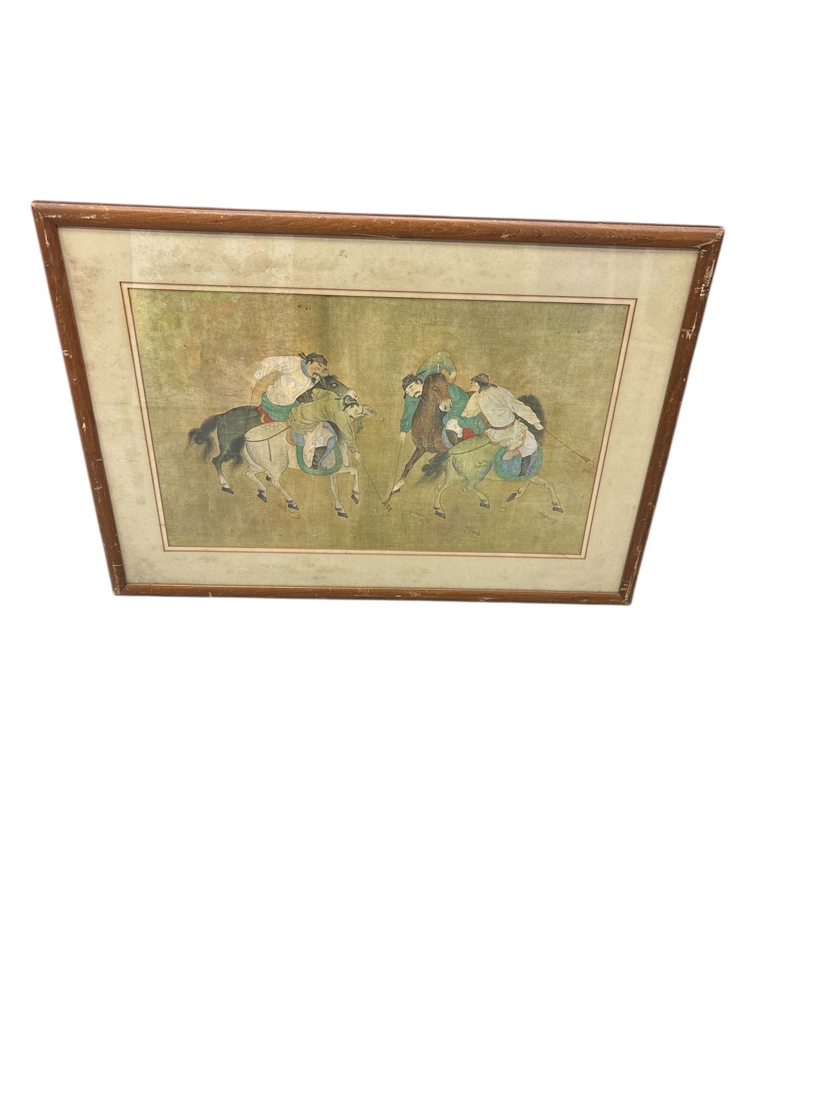 Antique Chinese Export Print: "A Game of Polo" (Jiju) - After Li Lin (15th Century): Description This lot features a framed antique or vintage Chinese print, likely an offset lithograph or chromolithograph, depicting a vibrant historical scene of men on horseback engaged in a 