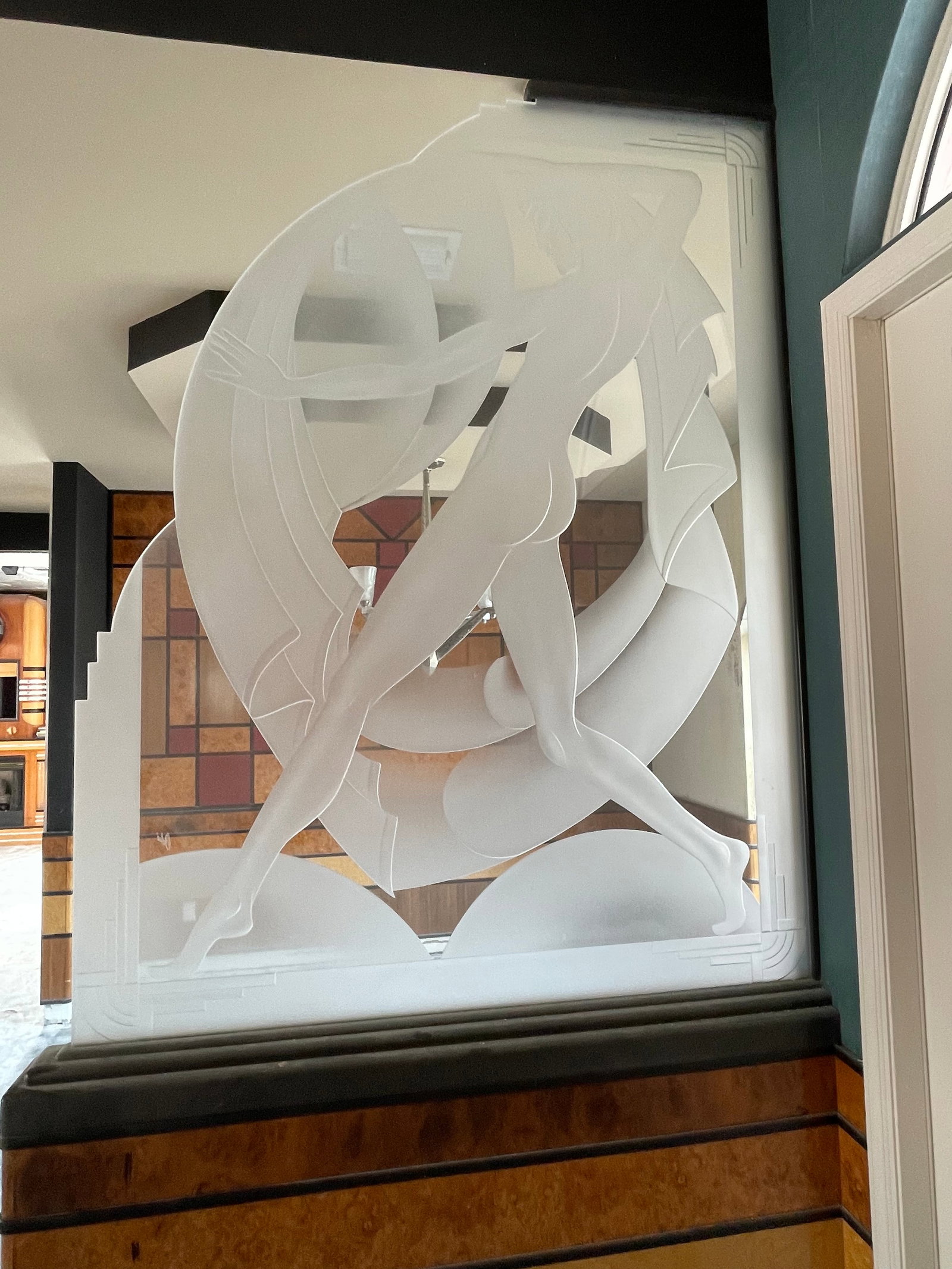 Bolae Art Deco Frosted Etched Glass Panel: Bolae frosted and etched glass panel, Art Deco style, depicting figures in motion. 