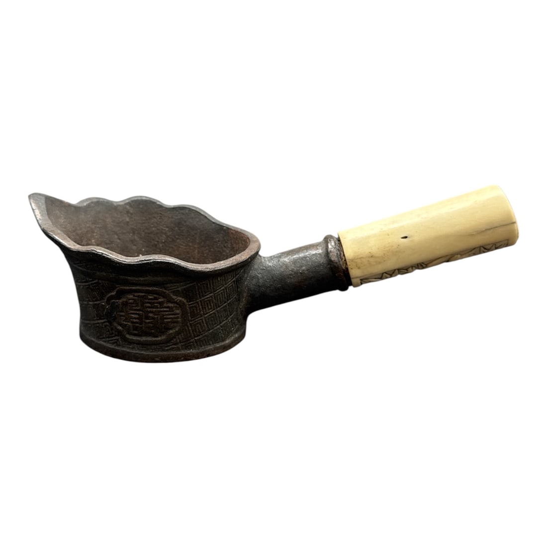 Antique Chinese Bronze Silk Iron: Unique small metal ladle or sauce pan featuring a scalloped rim and embossed body, fitted with an ornately carved handle inset with colored decorative accents. A charming vintage or