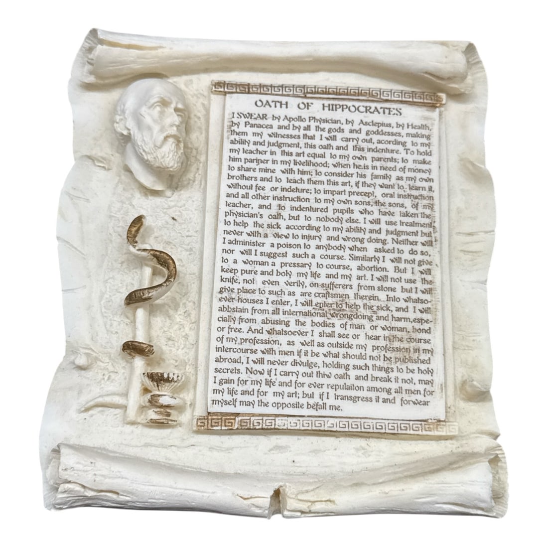 Decorative Relief Plaque — “Oath of Hippocrates?? Scroll Design: Decorative wall plaque featuring the Oath of Hippocrates presented on a sculpted scroll-style tablet. The raised design includes classical detailing such as a profile bust and a serpent staff motif,