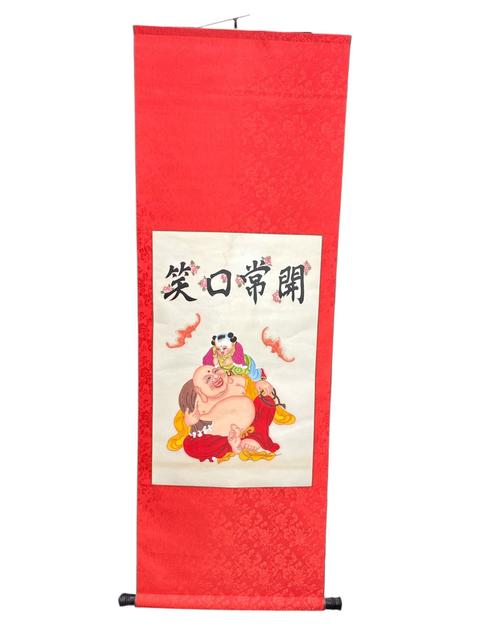 Chinese Hanging Scroll Wall Art with Laughing Buddha (Budai) Motif: Vertical Chinese hanging scroll depicting the Laughing Buddha (Budai), a traditional symbol of happiness, abundance, and good fortune. The central image shows Budai smiling broadly while holding a