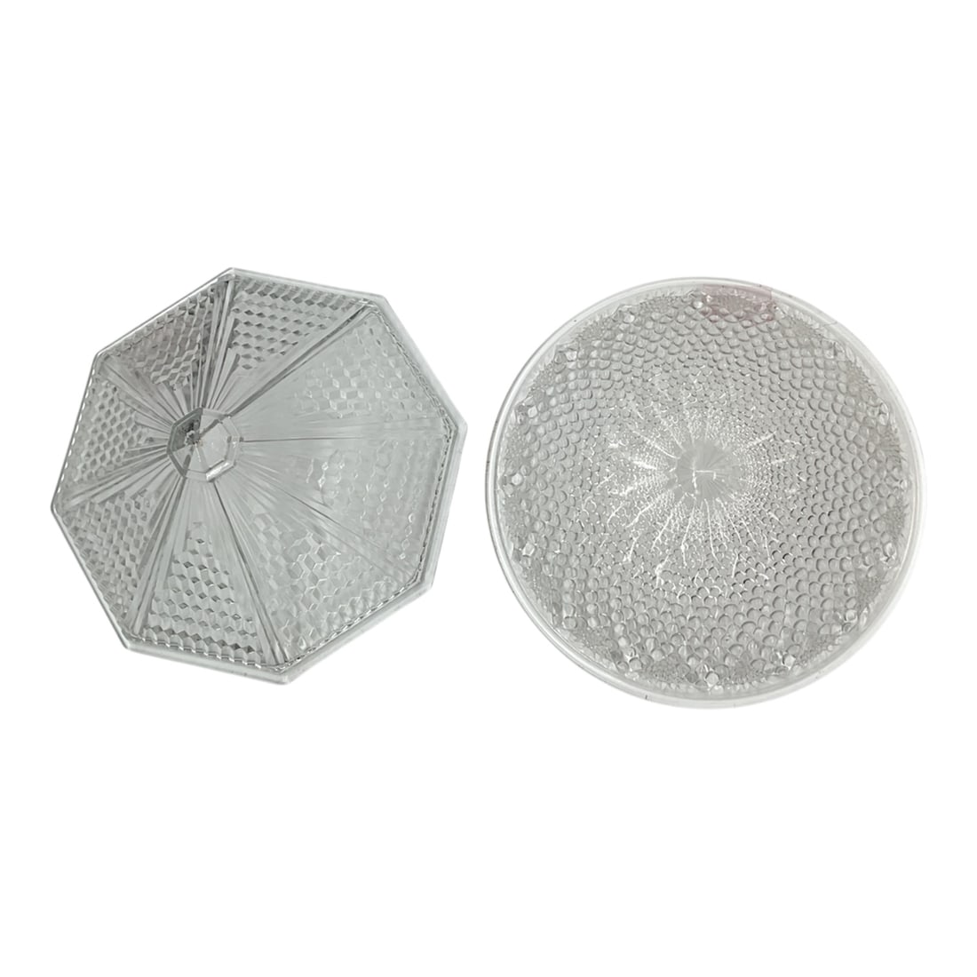 Pressed Glass Art Deco Style Light Diffusers Lot of Two: This lot includes two pressed glass light diffusers featuring geometric patterns consistent with Art Deco and early 20th-century lighting design. One diffuser is octagonal with radiating linear and