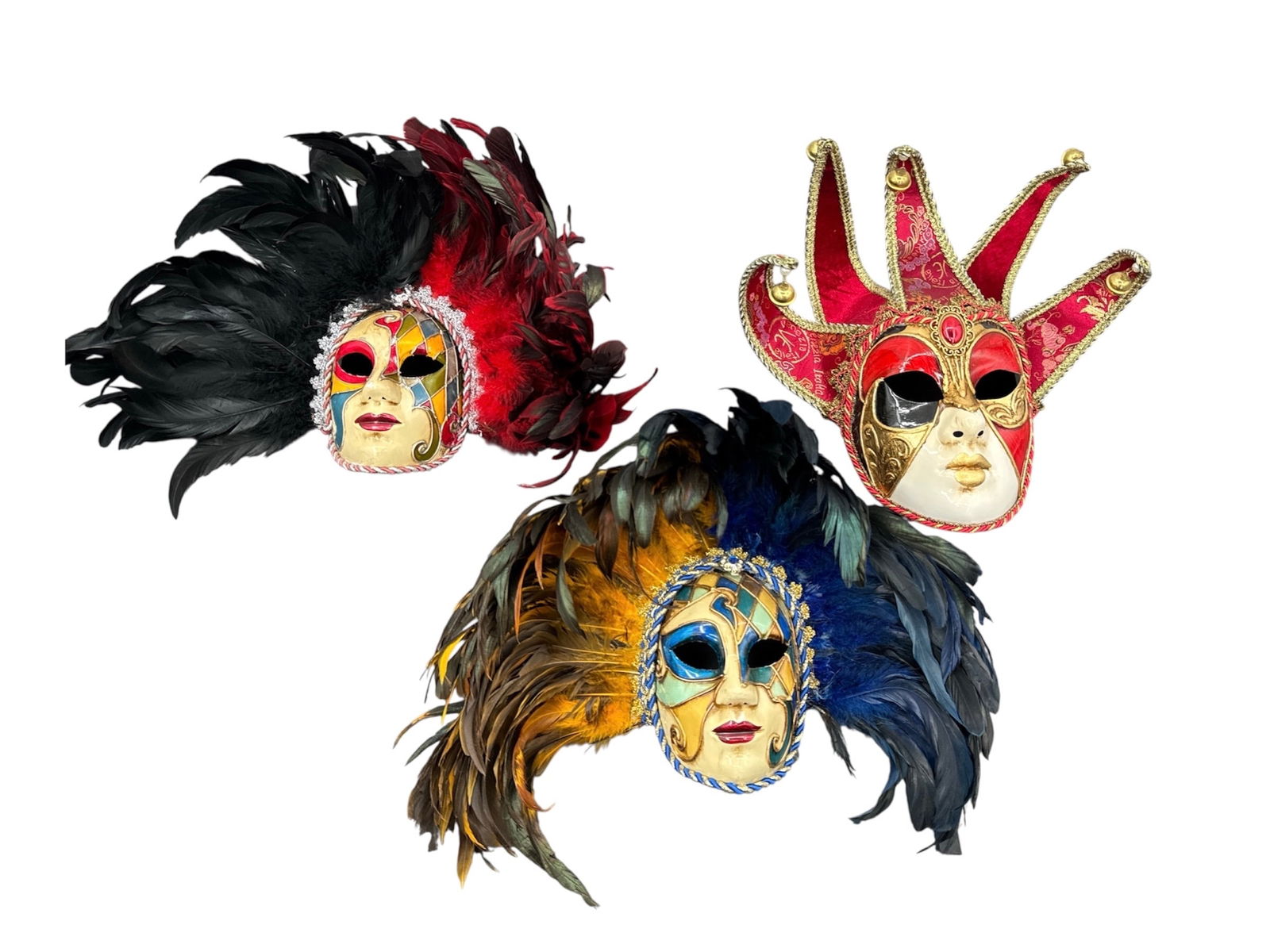 Lot of Various Decorative Jester Masks from Venice:  Red & Gold "Jolly" Jester MaskStyle: Known as the Jolly or Jester mask, this piece represents the traditional "fool" character from