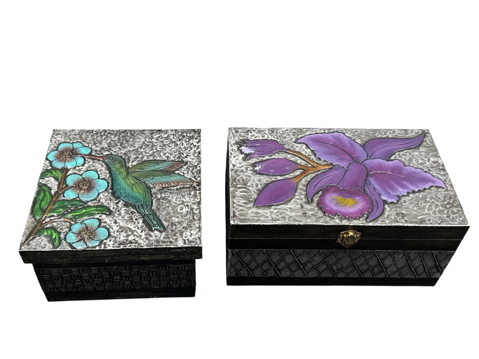Decorative Keepsake Copper Boxes: This square trinket box features an intricate Mother of Pearl style inlay depicting a hummingbird in flight near blue blossoms. The textured, shimmering background indicates a high level of seash