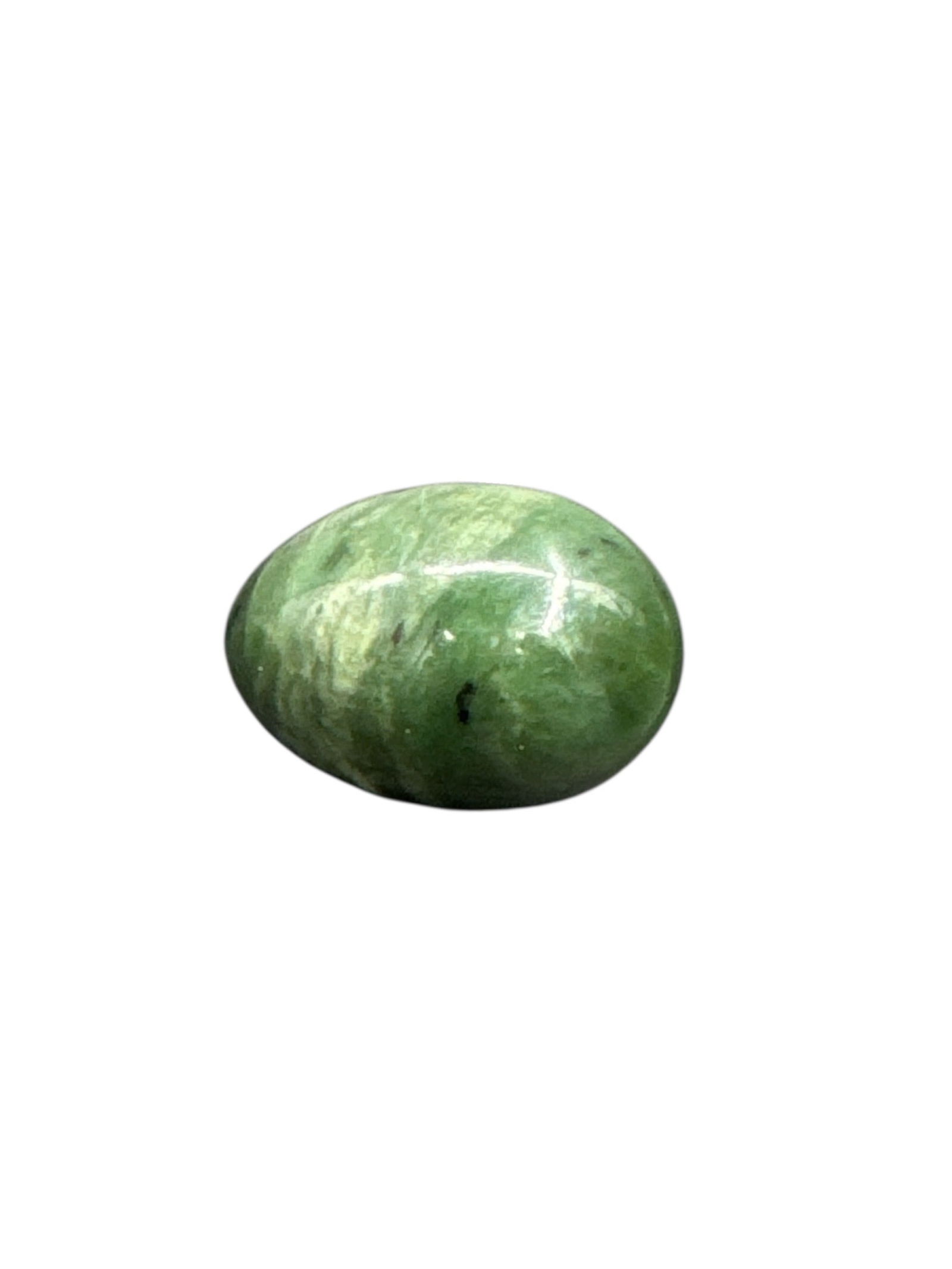 Polished Green Stone Decorative Specimen: This lot features a polished green stone specimen with a smooth oval form and natural internal variations. The surface has been finished to a high polish, highlighting the stone’s color and