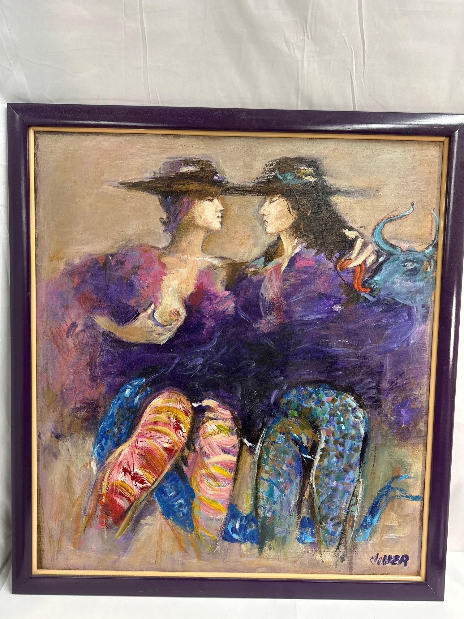 Carlos Viver (Ecuador, b.1948) Oil on Canvas: This vibrant and expressive painting by Ecuadorian artist Carlos Viver captures an intimate moment between two elegantly dressed figures. The use of rich purples, blues, and contrasting warm tones