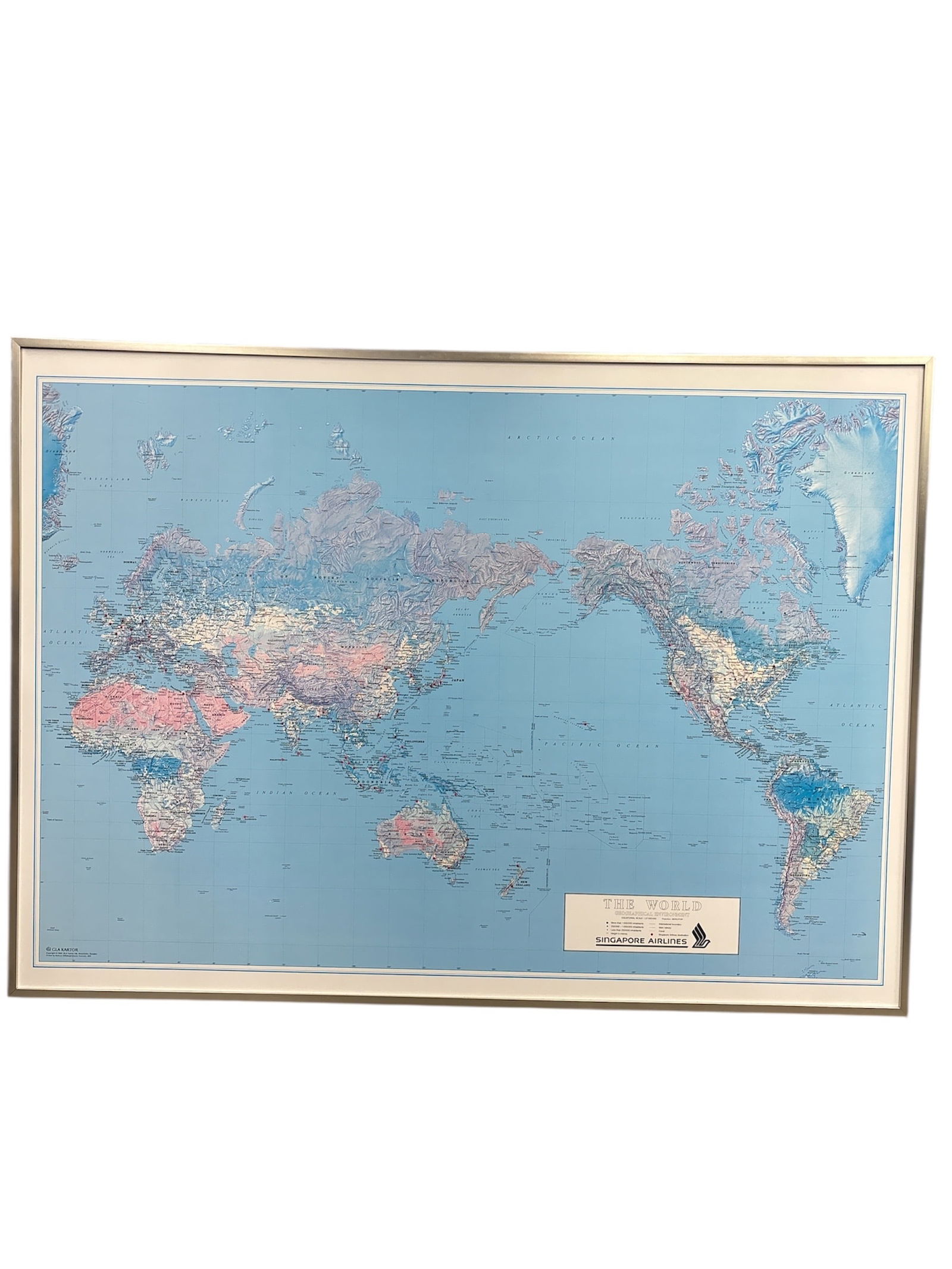 Rare VINTAGE 1980s "The World" Singapore Airlines Frequent Flyer Map Poster, Framed, Collectible: Description This is a rare, vintage Singapore Airlines (SIA) world map poster, originally distributed to frequent flyers