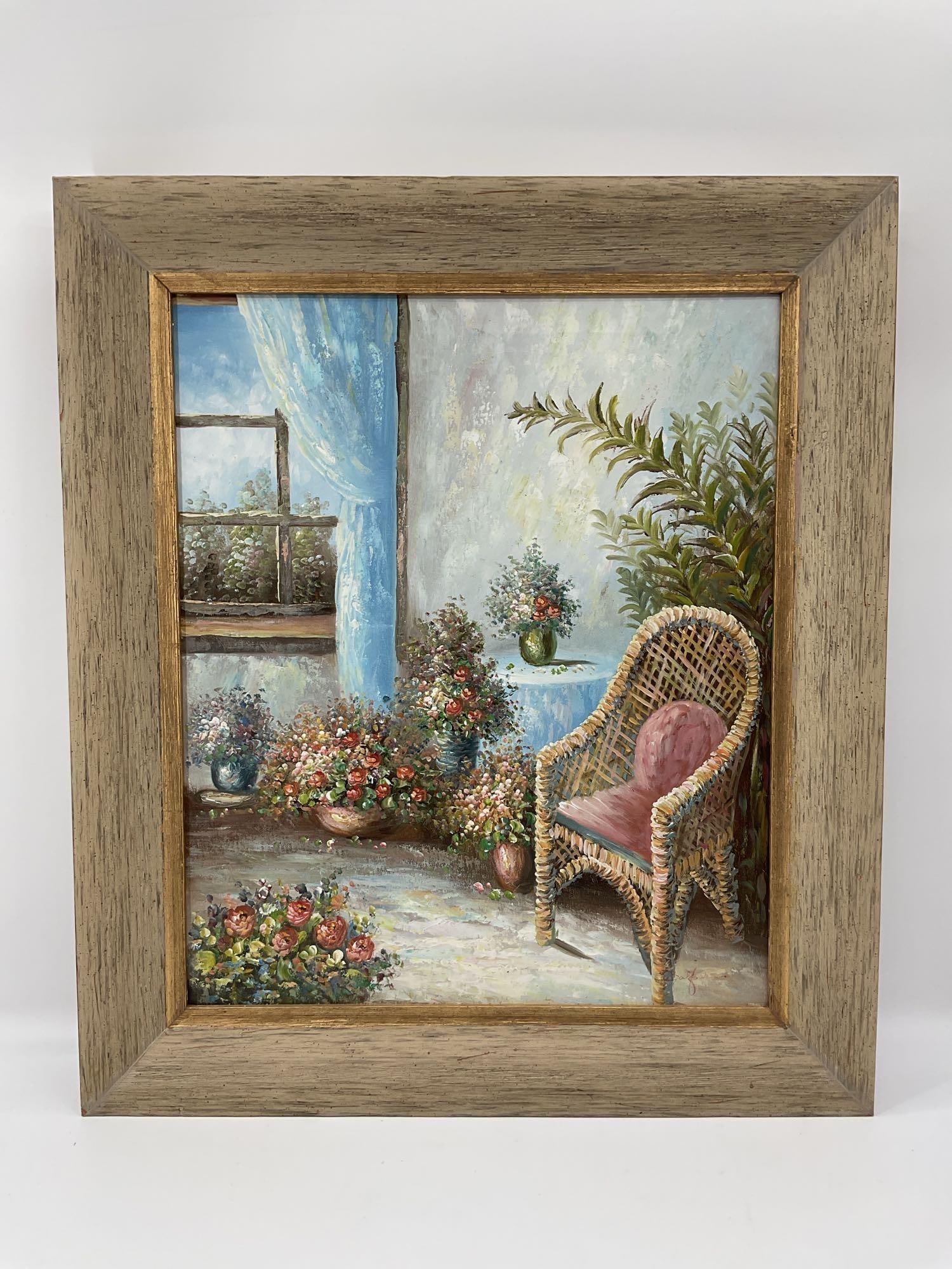 Sunroom Garden Retreat: A charming scene of a cozy indoor garden corner featuring a wicker chair with a plush red cushion, surrounded by lush potted flowers and a large leafy plant. Light filters through a sheer blue